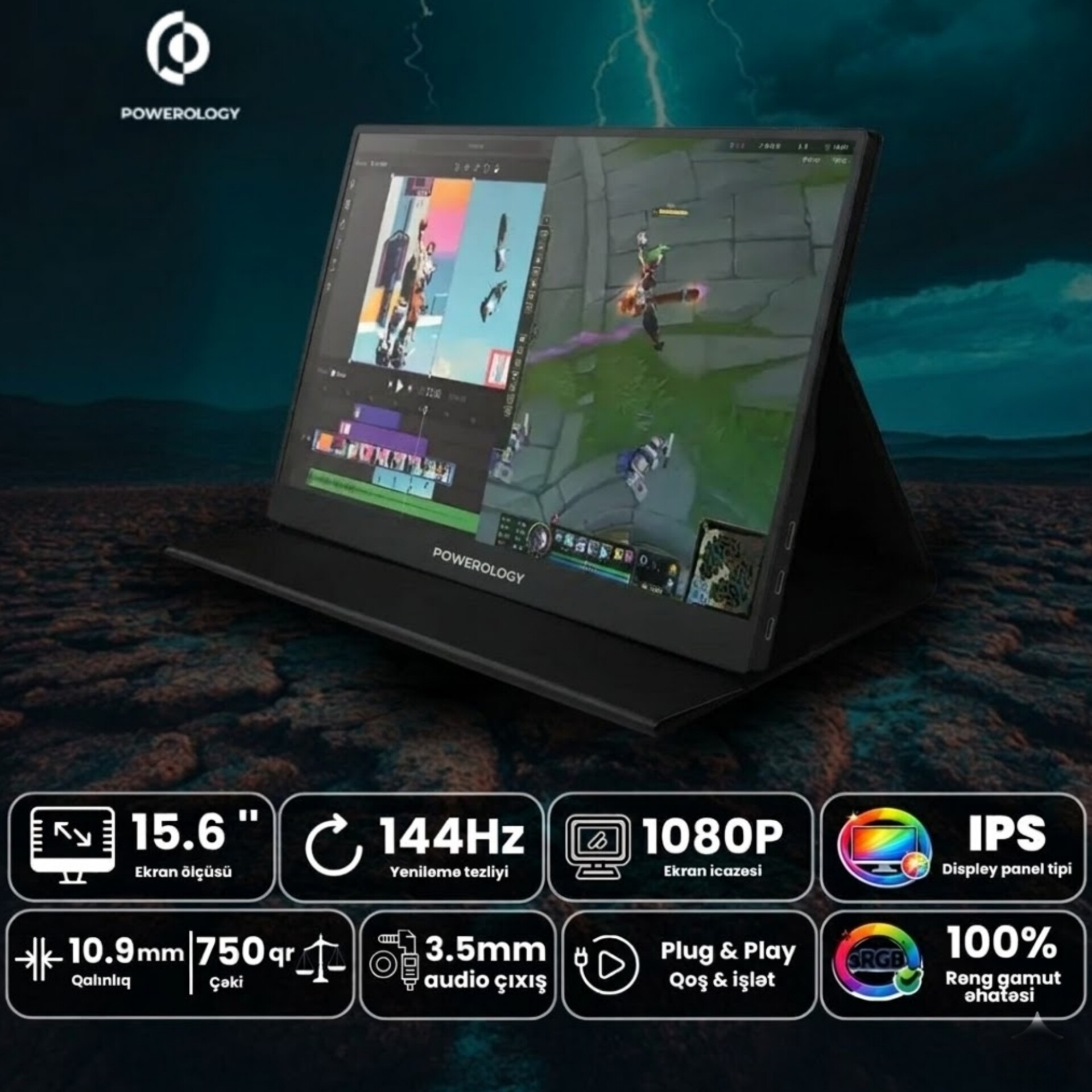Powerology 15.6" Ultra-Slim Portable 144Hz Monitor
