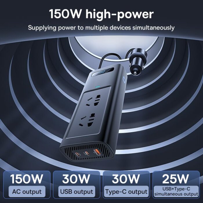 Baseus 150W Car Inverter USB Type C 30W DC 12V to AC 220V - Image 4