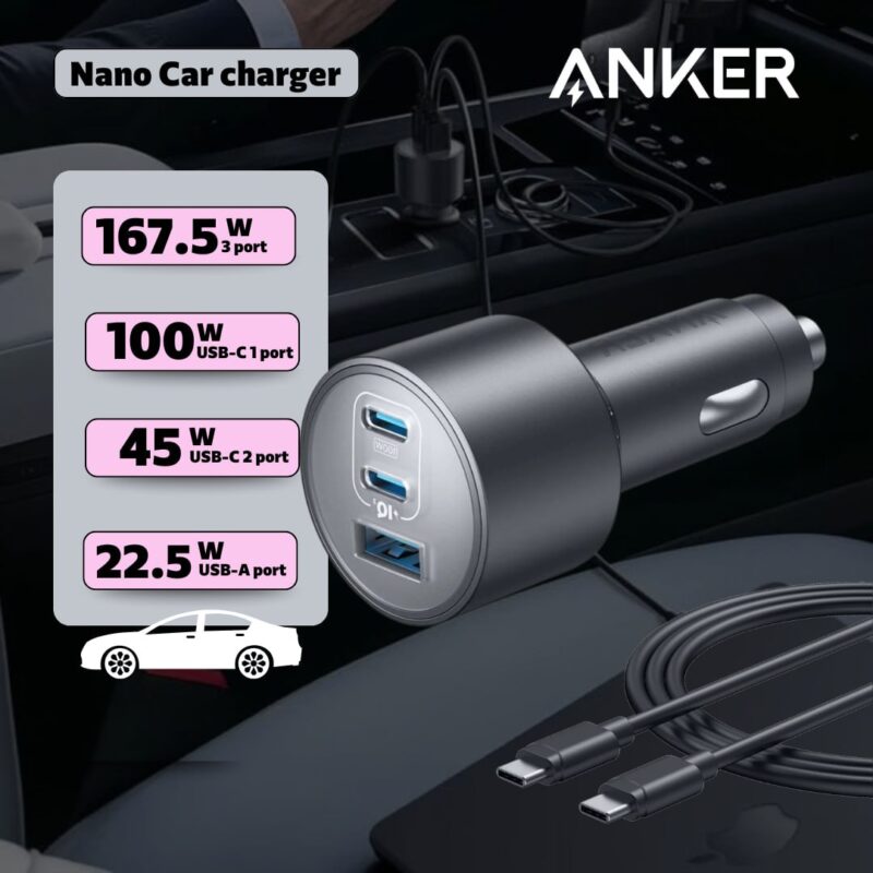 Anker Car Charger 167.5W, 3 Ports